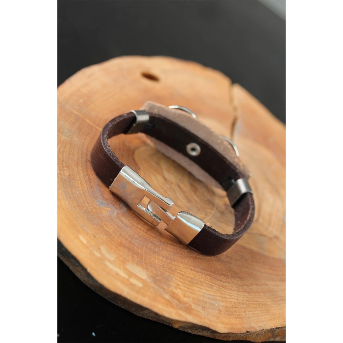 Sonsuzluklu Metal Aksesuarlı Kahverengi Deri Erkek Bileklik - Lisinya