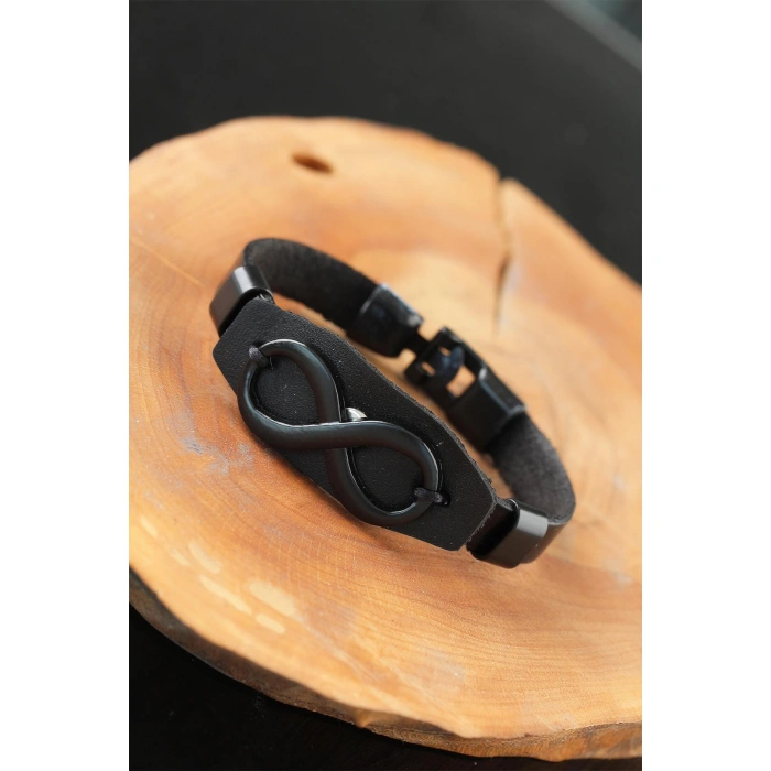 Sonsuzluklu Metal Aksesuarlı Siyah Deri Erkek Bileklik - Lisinya