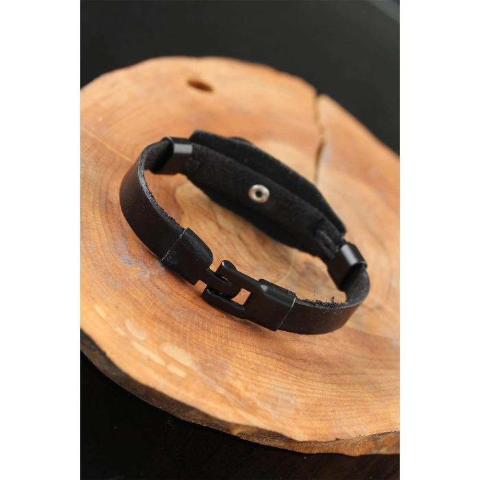 Sonsuzluklu Metal Aksesuarlı Siyah Deri Erkek Bileklik - Lisinya