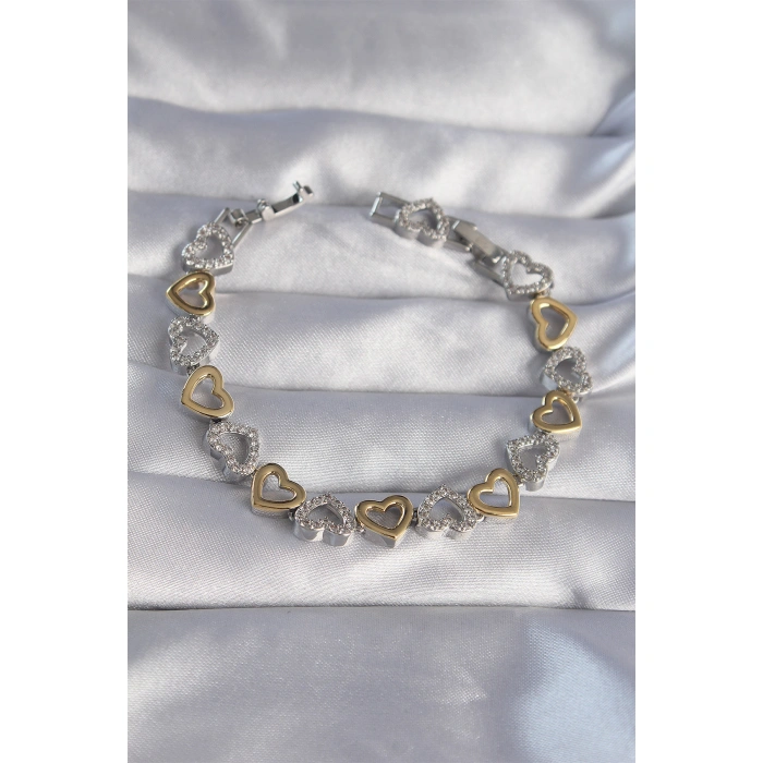 Vip Seri Pirinç Çift Renkli Zirkon Taşlı İçi Boş Kalp Tasarımlı Bileklik - Lisinya