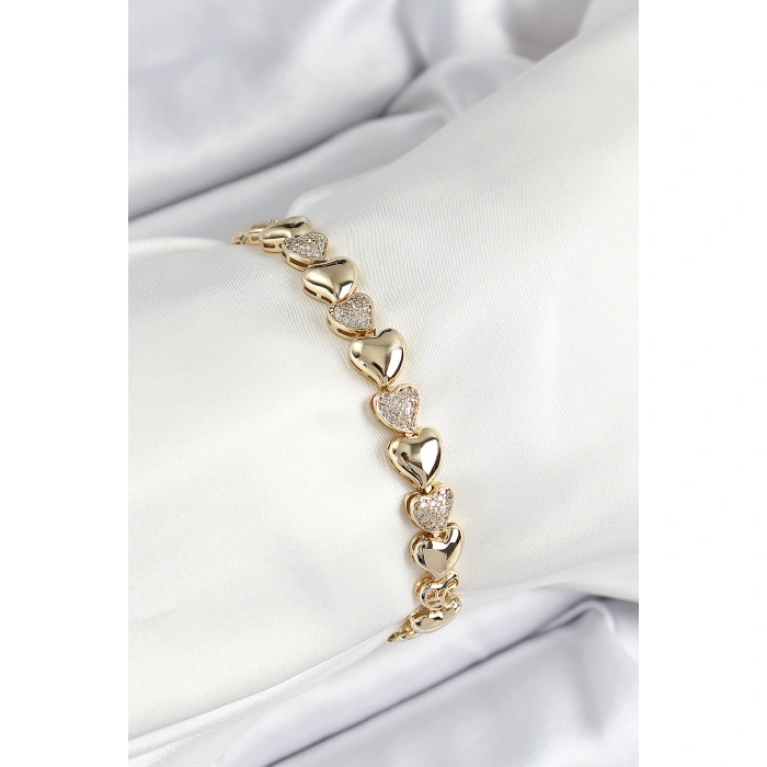 Xuping Pirinç Sıralı Kalp Model Gold Renk Kadın Bileklik - Lisinya