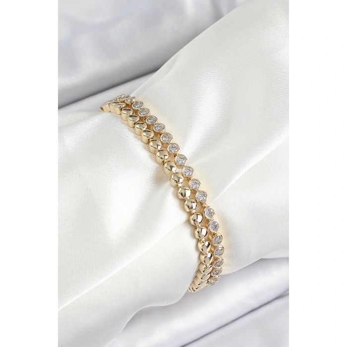 Xuping Pirinç Zirkon Taşlı Çift Görünümlü Model Gold Renk Kadın Bileklik - Lisinya