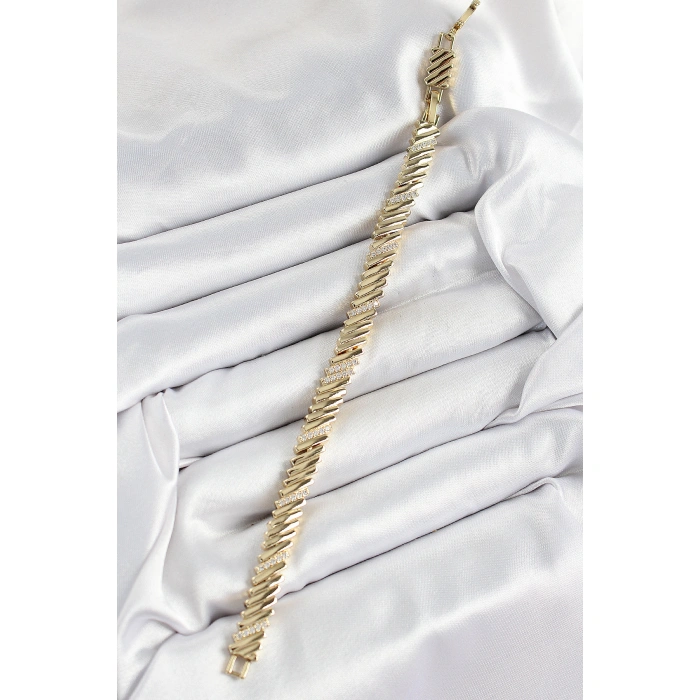 Xuping Pirinç Zirkon Taşlı Eğimli Blok Model Gold Renk Kadın Bileklik - Lisinya