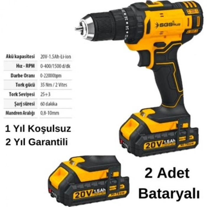 SGS 5248 Darbeli Akülü Vidalama Matkap Seti 20 V 1.5 Ah