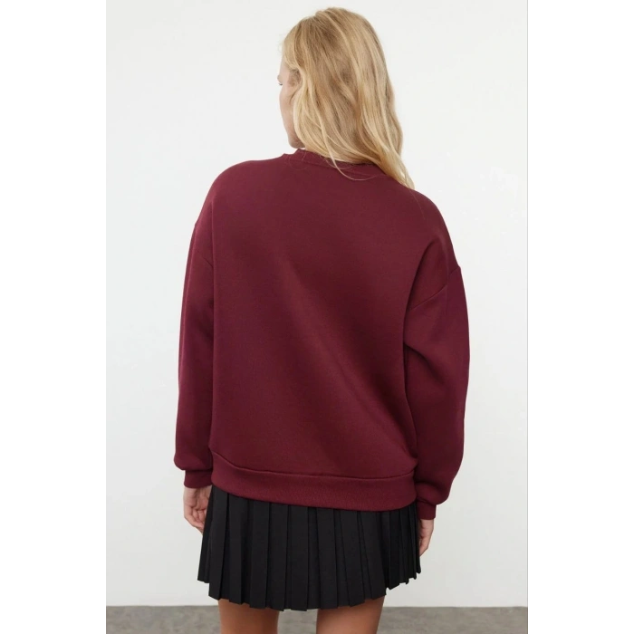 3 iplik şardonlu bisiklet yaka sweatshirt bordo