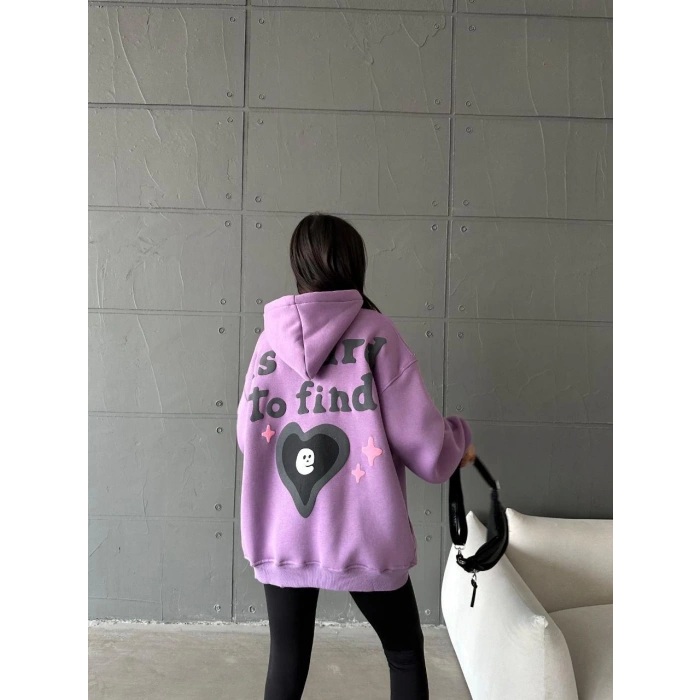 3 iplik şardonlu oversize true baskılı sweat mor