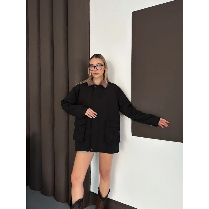 Astarlı yaka detaylı artos ceket siyah st2651019