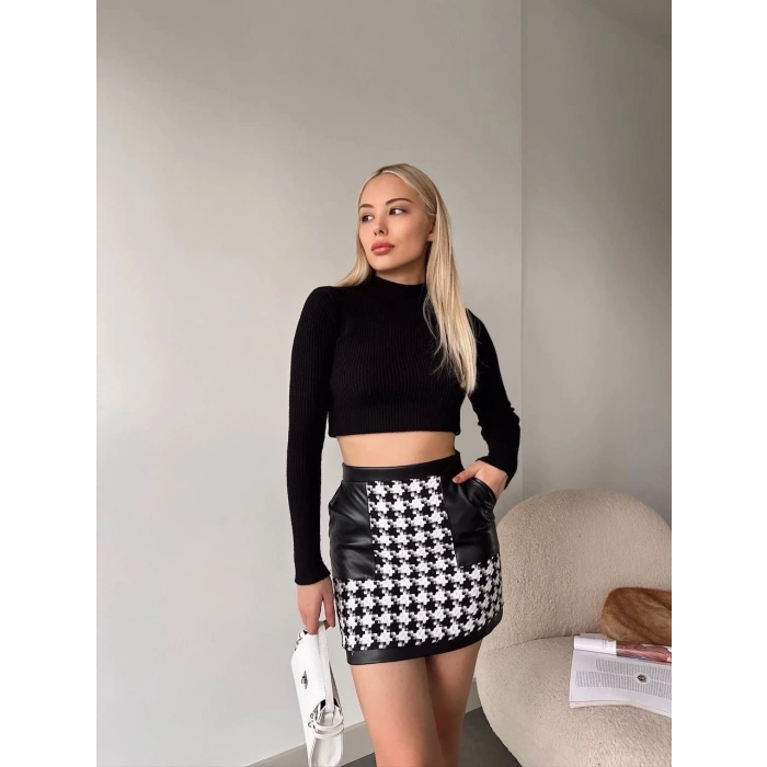 Deri garnili kaz ayağı kaşe etek siyah h24604