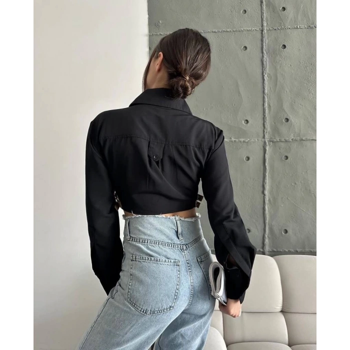 Yanı kemer detaylı crop gömlek siyah s4009