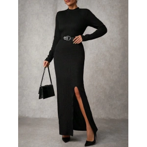 Yırtmaçlı jakarlı uzun elbise siyah A3793