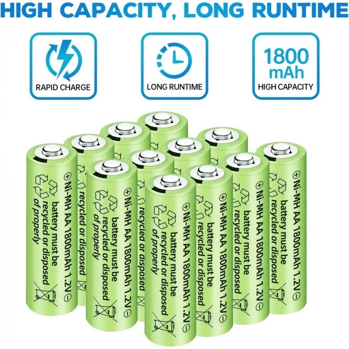 1800 Mah 1.2v Aa Ni-mh Şarj Edilebilir Pil 12 Adet