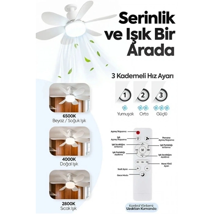 6 Kanatlı 3 Kademeli Led Aydınlatmalı Uzaktan Kumandalı Tavan Vantilatörü