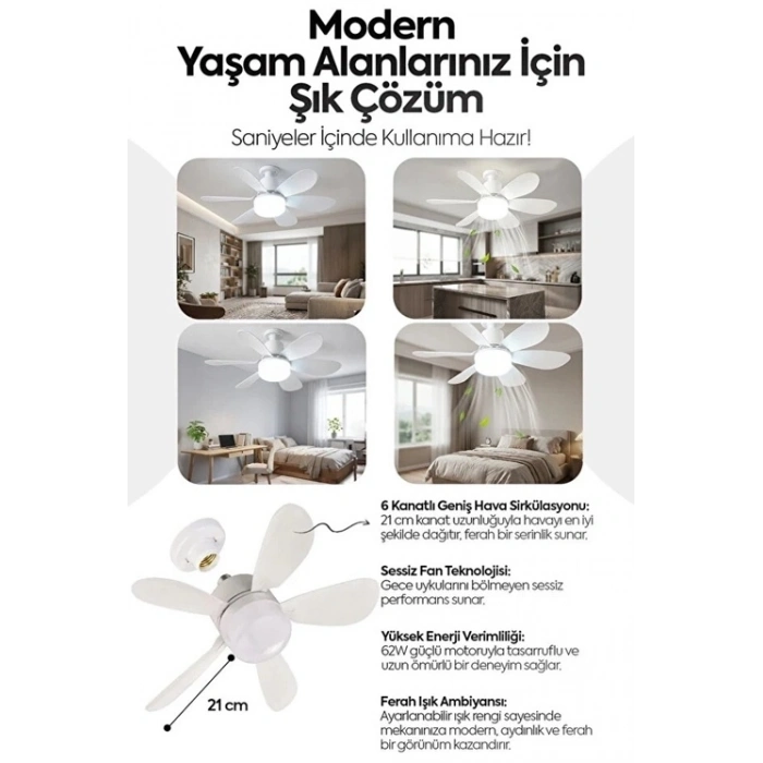 6 Kanatlı 3 Kademeli Led Aydınlatmalı Uzaktan Kumandalı Tavan Vantilatörü
