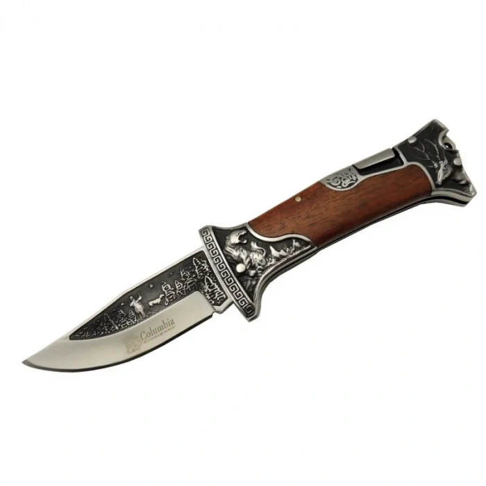 A3188-2 Geyik Desenli Outdoor Çakı 23 Cm - İşlemeli Ahşap Saplı, Perçinli, Deri Kılıflı