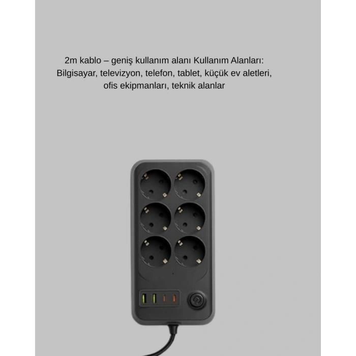 Akım Korumalı 6’lı Priz 2xusb 2xtype-c Çıkış Yüksek Gerilim Koruma Çoklu Priz Çoğaltıcı