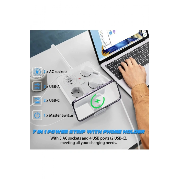 Akım Korumalı Anahtarlı Priz - 3x Priz - 2x Usb - 2x Type-c - 2 Mt Kablo Hızlı Şarj Özellikli Siyah