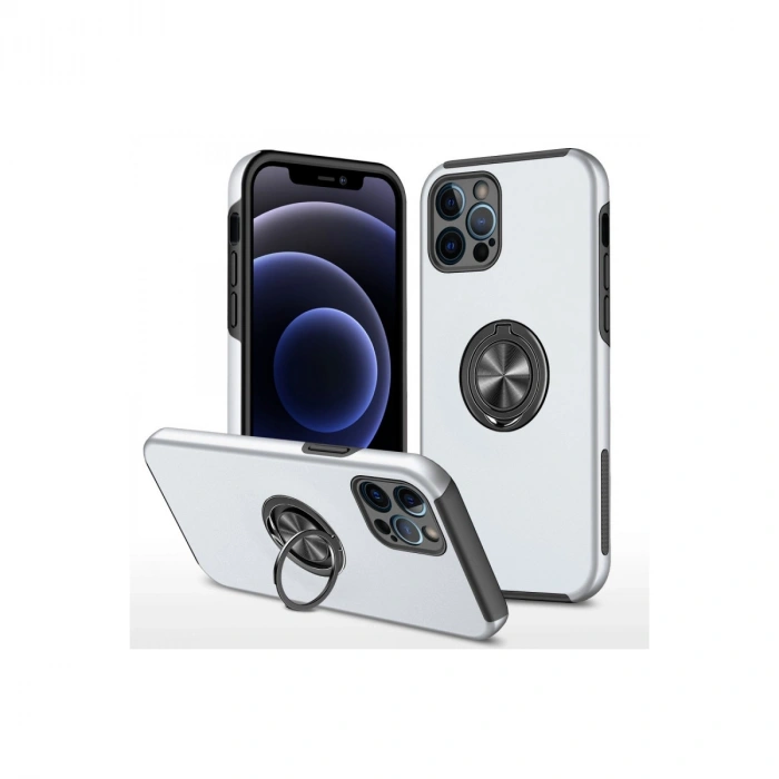 Apple İphone 12 Pro Kılıf Elit Yüzüklü Kapak - Gümüş