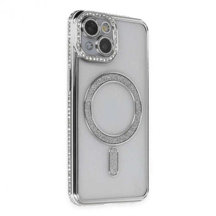 Apple İphone 13 Kılıf Joke Simli Magneticsafe Kılıf - Gümüş
