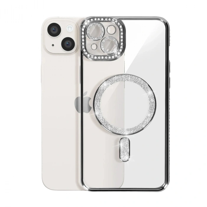 Apple İphone 14 Kılıf Joke Simli Magneticsafe Kılıf - Gümüş