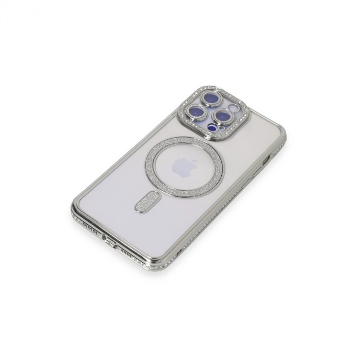 Apple İphone 15 Pro Max Kılıf Joke Simli Magneticsafe Kılıf - Gümüş