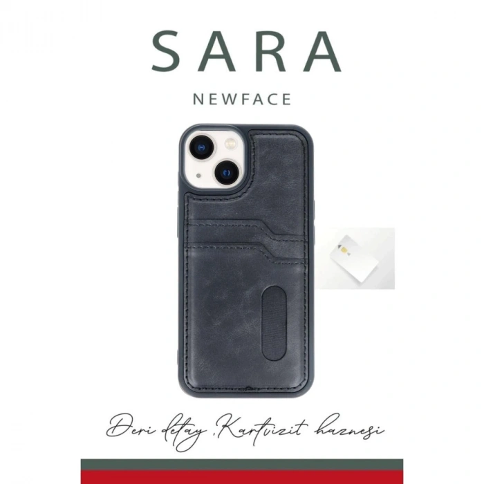 Apple İphone 15 Sara Kartvizitli Deri Kılıf - Lacivert