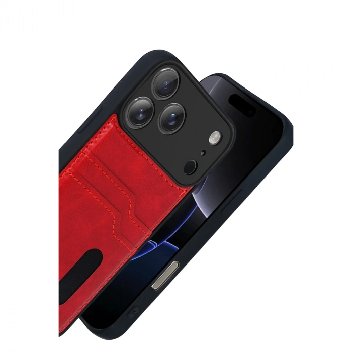 Apple İphone 17 Pro Max Sara Kartvizitli Deri Kılıf - Kırmızı