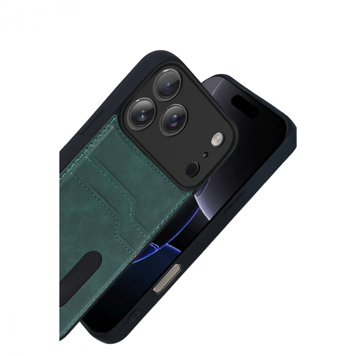 Apple İphone 17 Pro Sara Kartvizitli Deri Kılıf - Yeşil