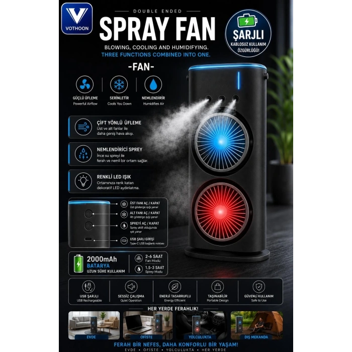 Çift Başlıklı Sprey Fan Nemlendirici Ve Renkli Led Işıklı Siyah