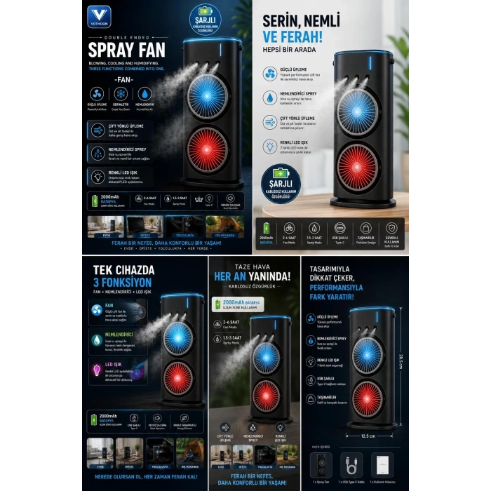 Çift Başlıklı Sprey Fan Nemlendirici Ve Renkli Led Işıklı Siyah
