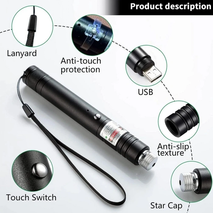 Fithome 100mw Desen Başlıklı Usb Şarjlı Yeşil Lazer Pointer
