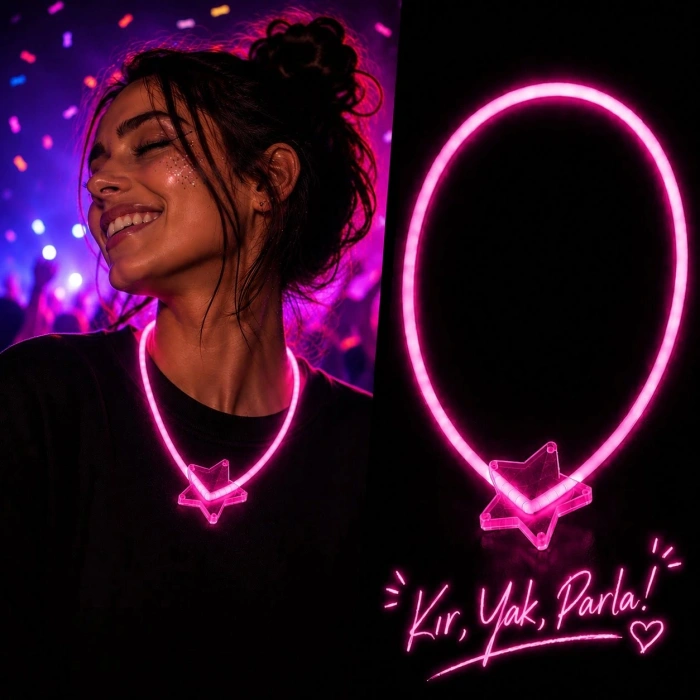 Glow Kolye Neon Fosforlu Işıklı Kolye Pembe Renk