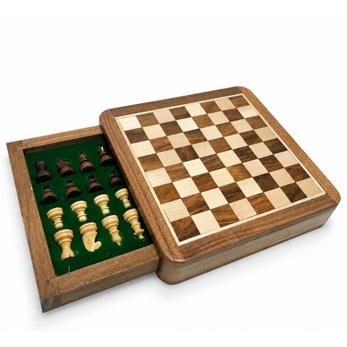 Mıknatıslı Ahşap Satranç Takımı Çekmeceli Saklama Kutulu G230a