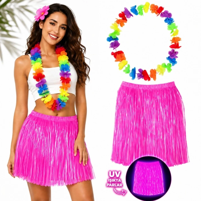 Neon Pembe Hawaii Etek 40 Cm Ve Rengarenk Hawaii Kolye