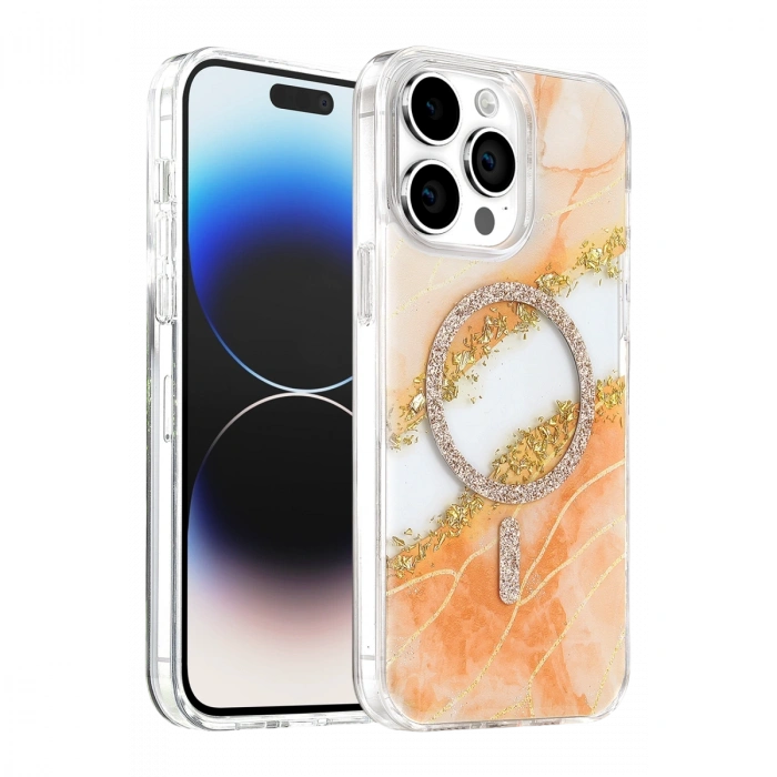 Onegif Apple İphone 15 Pro Max Lotus Simli Magsafe Kapak - Turuncu