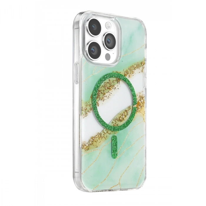 Onegif Apple İphone 15 Pro Max Lotus Simli Magsafe Kapak - Yeşil
