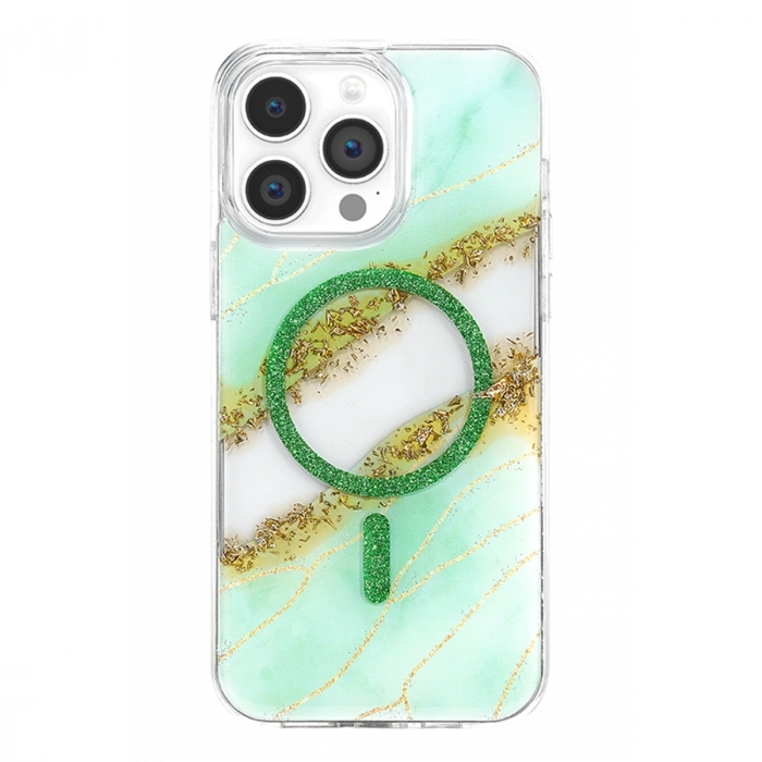 Onegif Apple İphone 15 Pro Max Lotus Simli Magsafe Kapak - Yeşil