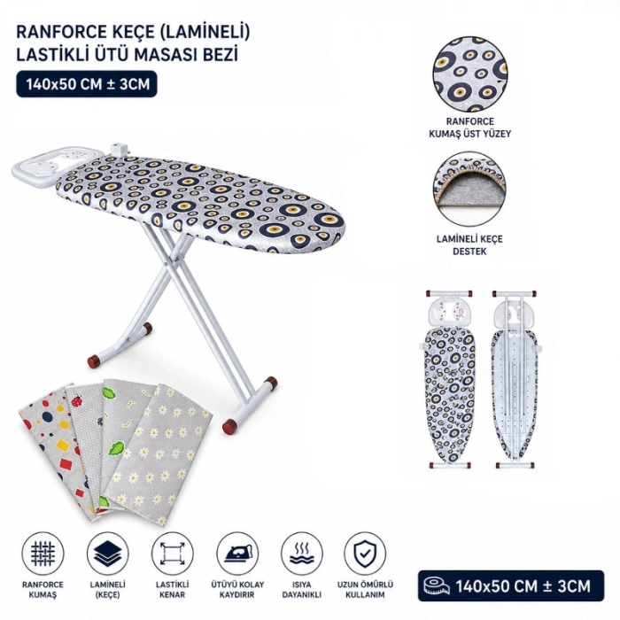 Ranforce Keçe Ütü Masası Bezi - Lastikli - Lamineli - 140x50 cm