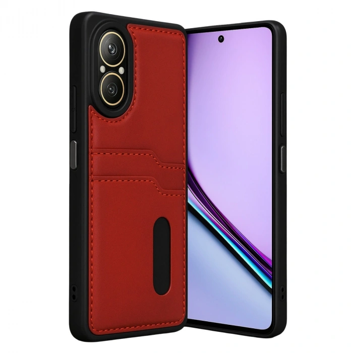 Realme 12 Lite Kılıf Sara Kartvizitli Deri Kılıf - Kırmızı
