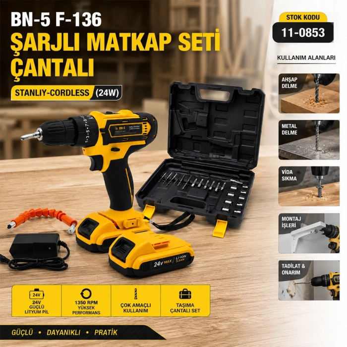 Şarjlı Matkap Seti 24W 1350 RPM Çantalı