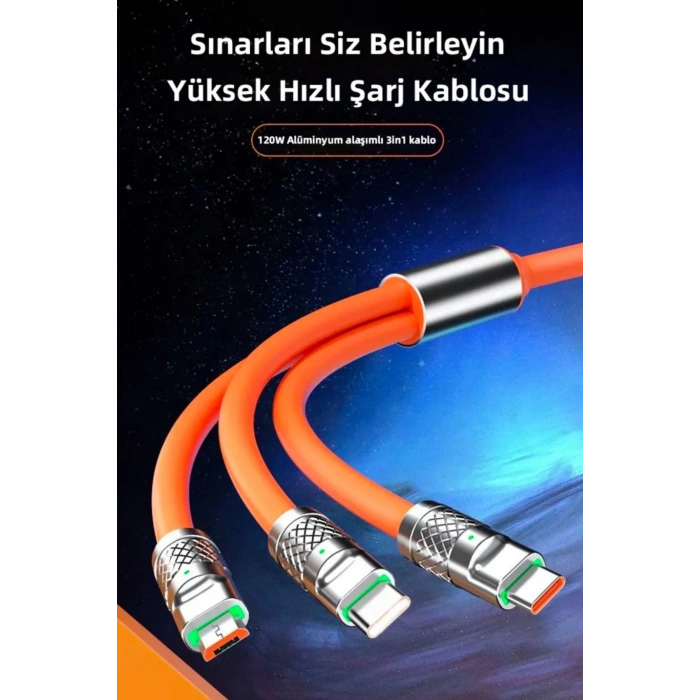 Sepet Dolusu® 3 in 1 Type-C + Micro Usb + Lightning Hızlı Şarj Kablosu Silikon Kablo 1 Metre Opp Ambalaj