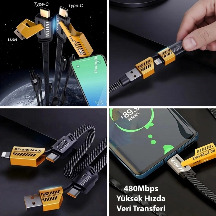 Sepet Dolusu® 4in1 65W Hızlı Şarj Kablosu – Type-C to USB-A + Type-C to Lightning, 27W PD Destekli Çoklu Şarj Kablo