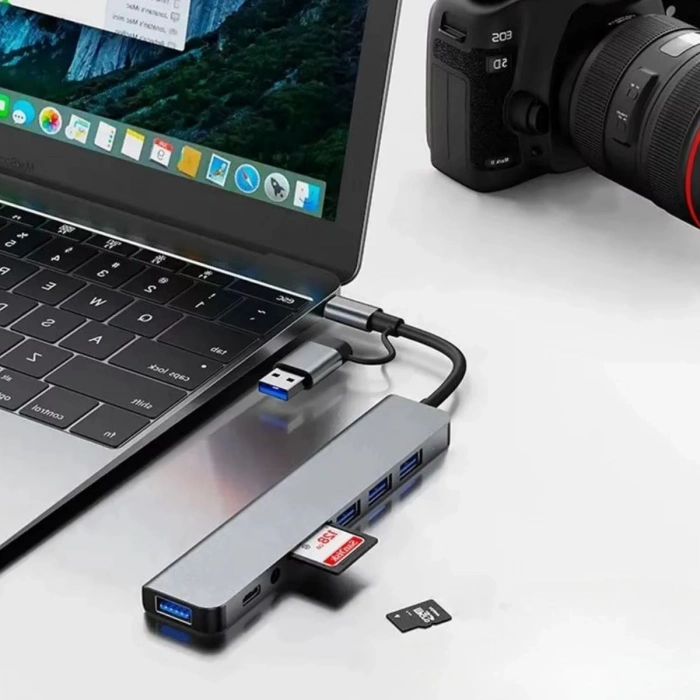 Sepet Dolusu® 8 in 1 Usb Çevirici Notebook Macbook Type-C Uyumlu Görüntü Aktarıcı Hub