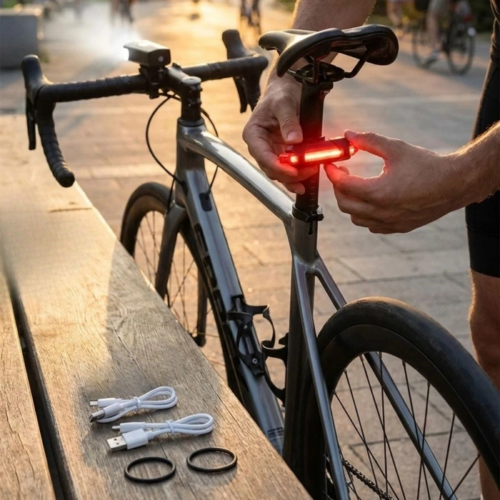 Sepet Dolusu® Bisiklet Işık Seti – USB Şarjlı LED Ön Far + Arka Stop Lambası, Su Geçirmez Bisiklet Aydınlatma Seti