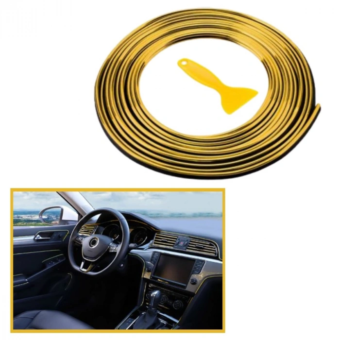 Sepet Dolusu® Gold Araba Oto Trim Dekorasyon Şeridi Kauçuk Elastik Kolay Kurulum 5 metre Şerit Bant
