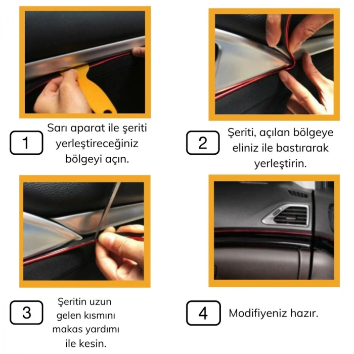 Sepet Dolusu® Gold Araba Oto Trim Dekorasyon Şeridi Kauçuk Elastik Kolay Kurulum 5 metre Şerit Bant
