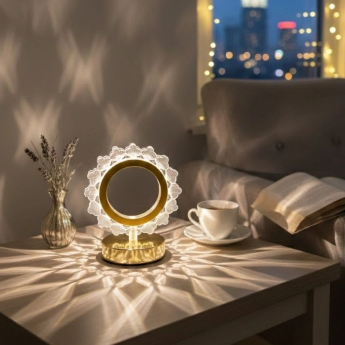 Sepet Dolusu® Güneş Şeklinde Kristal LED Masa Lambası – Dokunmatik, 3 Renk Işık Modlu, Şarjlı Mini Dekoratif Gece Lambası