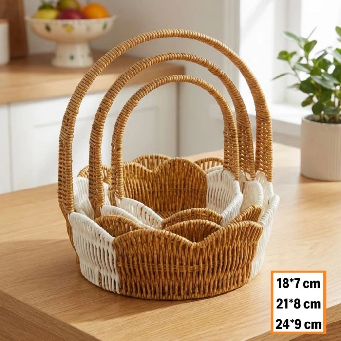 Sepet Dolusu® İç İçe Geçebilen 3’lü Çift Renkli Yuvarlak Dalgalı Formlu Saplı Plastik Rattan Sepet Seti – Hasır Görünümlü Çok Amaçlı Organizerler