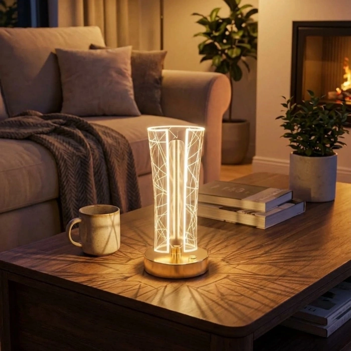 Sepet Dolusu® İki Yandan Kavisli Silindirik Geometrik Çizgi Model Kristal LED Masa Lambası – Dokunmatik, 3 Renk Işık Modlu, Şarjlı Dekoratif Gece Lamb