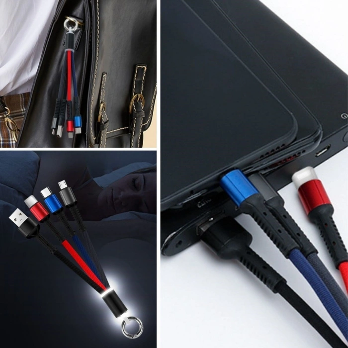 Sepet Dolusu® Işıklı Anahtarlık Model 3 in 1 USB Çıkışlı MİKRO,TYPE-C ve İphone Uyumlu Şarj Kablosu