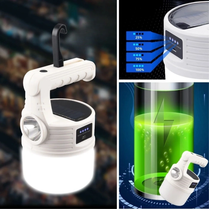 Sepet Dolusu® LED Güneş Enerjili Kamp Lambası–2000 Lümen Süper Parlak, 5 Aydınlatma Modlu,USB ile Şarj Edilebilir Dış Mekan,Asılabilir Torch El Feneri